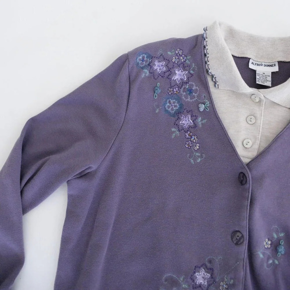 Vintage 90s Alfred Dunner Purple Embroidered Floral Collared Sweater M - Picture 9 of 10